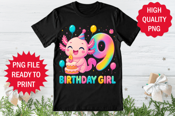 9th Birthday Girl Axolotl Clipart Png: Graphics for T-Shirt Designs