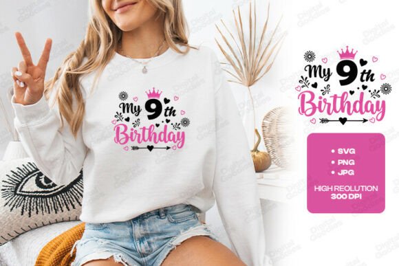My 9th Birthday Crown Heart Design Graphics